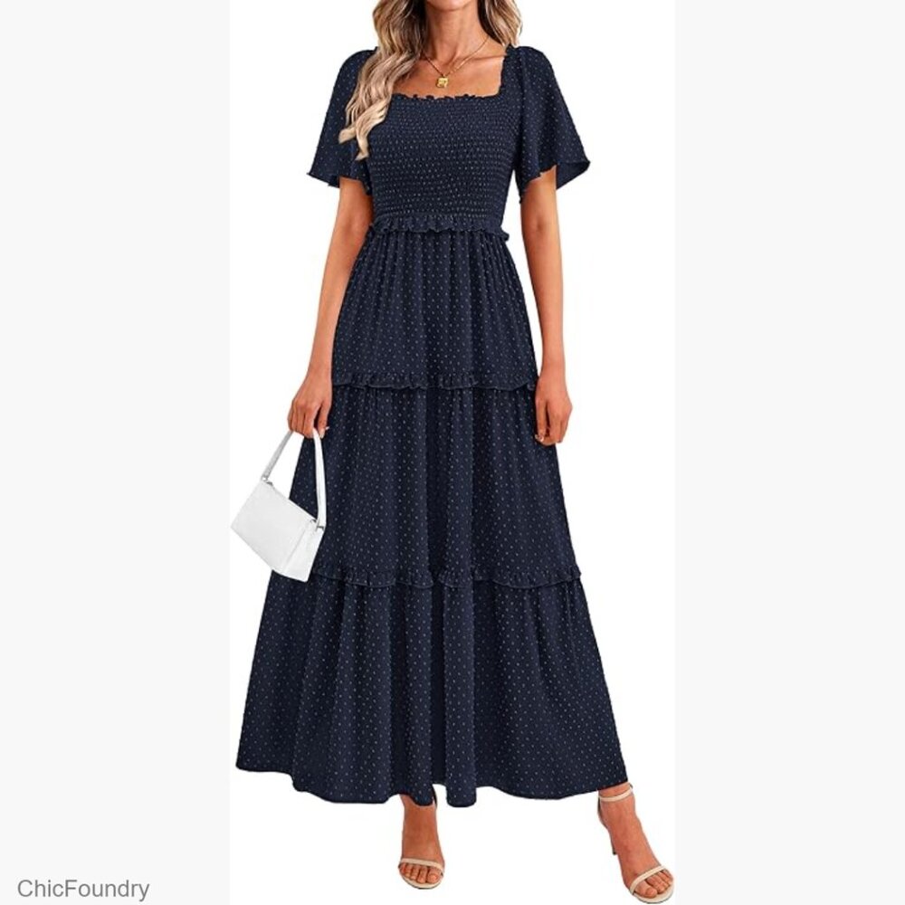 Boho Swiss Dot Maxi Dress Smocked Square Neck Short Sleeve Formal